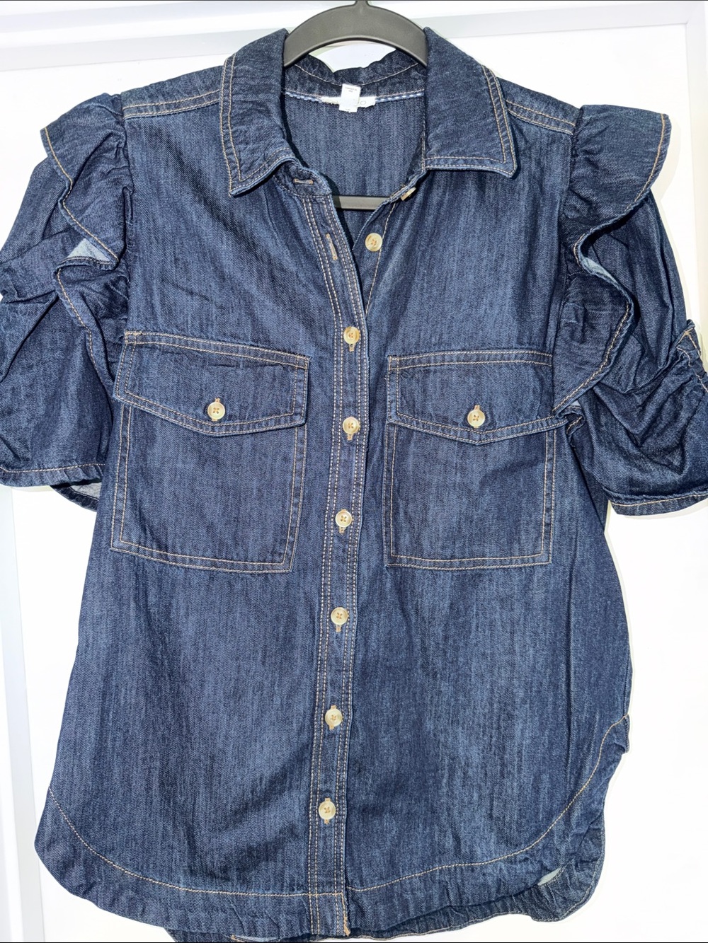 Anthropologie Dark Blue Denim Ruffle Sleeve Button-Down Shirt